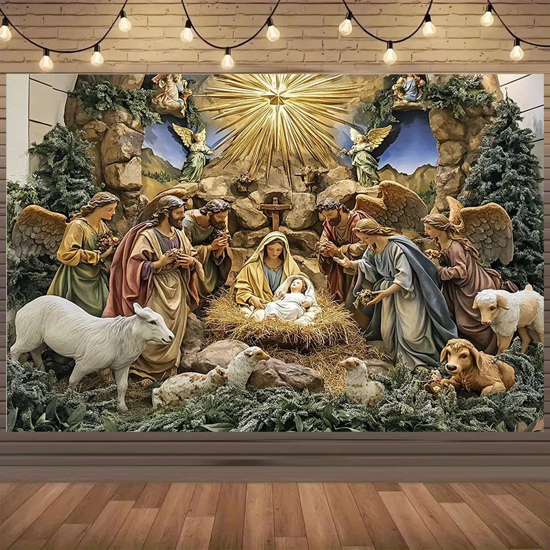 

Один фон из полиэфирной ткани без электропитания - дизайн ангела, овчарки и звездного неба, украшение сцены Рождества Иисуса Рождества