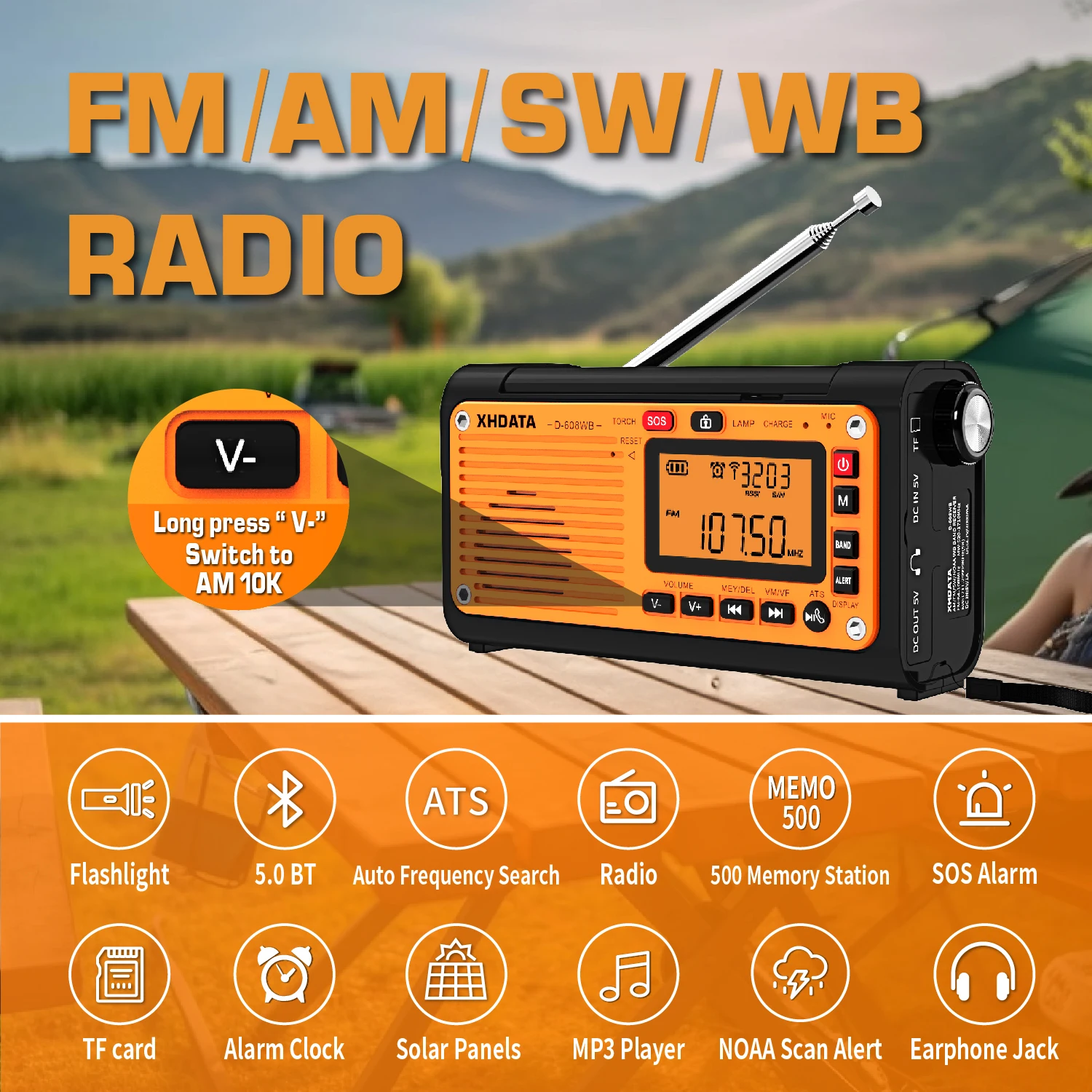 XHDATA D-608WB FM/AM/SW/NOAA Alarm Portable Crank Radio Multifunction Emergency Weather Radio Bluetooth Rechargeable Receiver