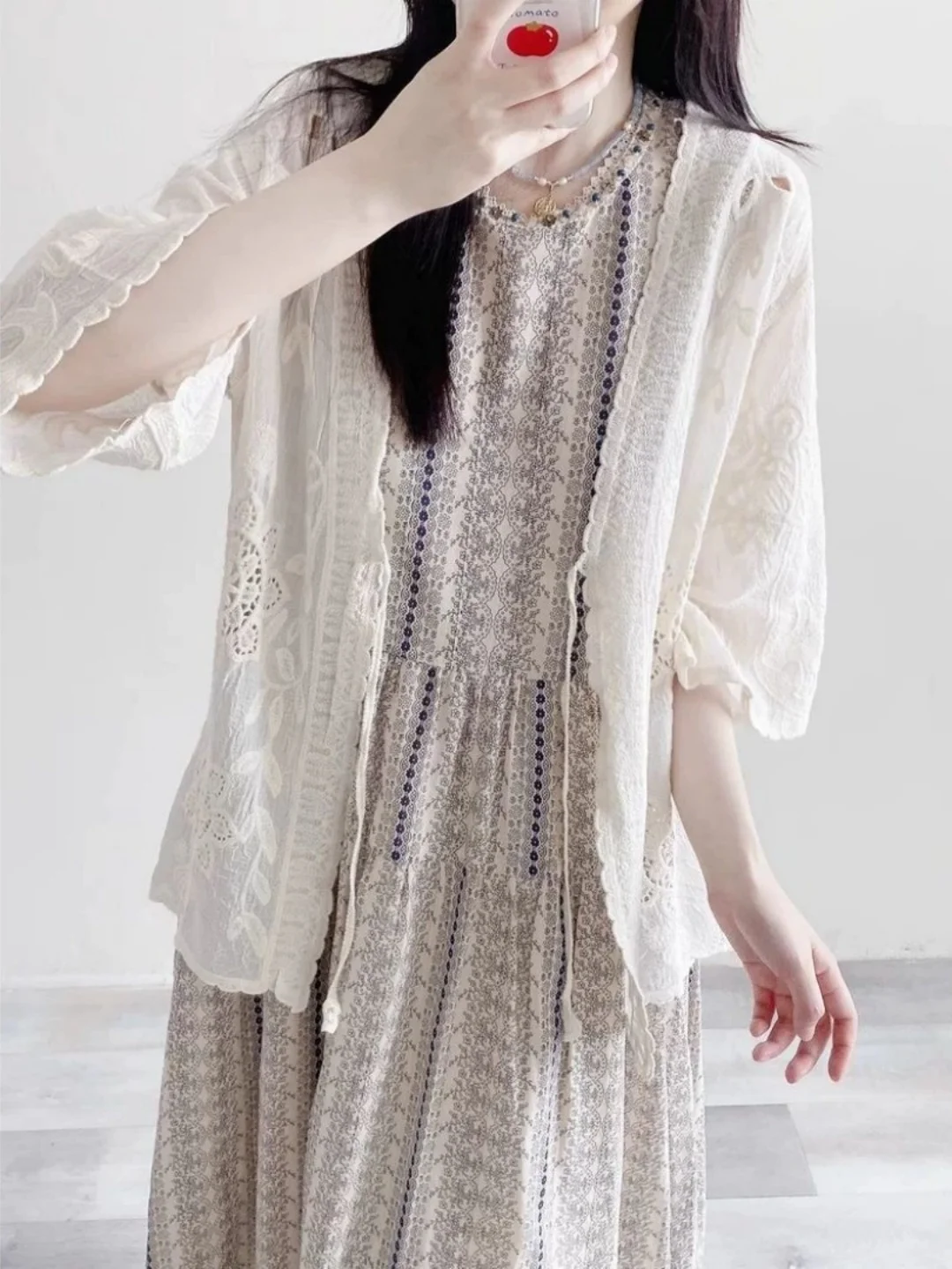 

Korean Style Lace Hollow out Cardigan Sleeveless V-Neck Belted Splice Lightweight Sun Protection Outerwear for plus Size Women