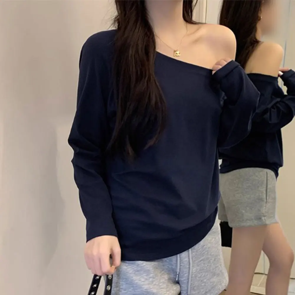 تي شيرت نسائي كاجوال بأكمام طويلة فضفاض بدون أكتاف ومرونة متوسطة مناسبة للإجازات والاستخدام اليومي #3