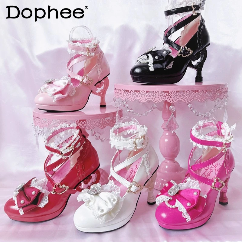 

Original Ji-style Lolita High Heels Japanese Girl's Sweet Cute Big Bow Lace Elegant Gal Princess Pumps Women's Wedding Pumps