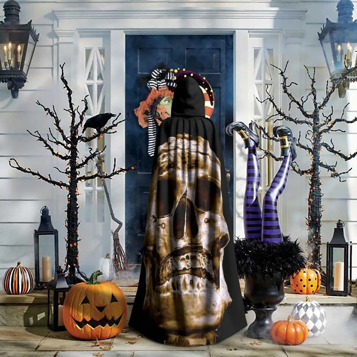 رئيس الإنسان هالوين الهيكل العظمي الجمجمة طويلة مقنعين عباءة الساحرة القرون الوسطى زي تأثيري كيب HalloweenParty الكبار للجنسين