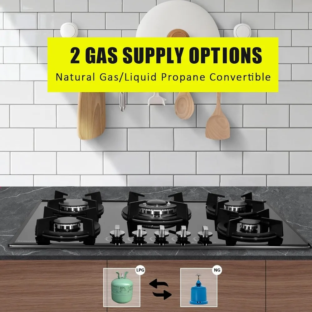 موقد غاز 30 بوصة، موقد غاز مدمج من الزجاج المقسى 5 شعلات عالية الكفاءة موقد غاز علوي البروبان/الغاز الطبيعي