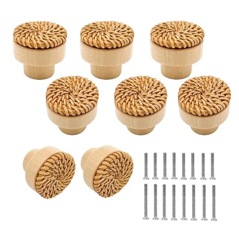 ABFS 8 Pack Boho Rattan Knobs for Dresser Drawers Wood Cabinet Knobs for Wicker Decor Boho Rattan Drawer Pulls (Natural)