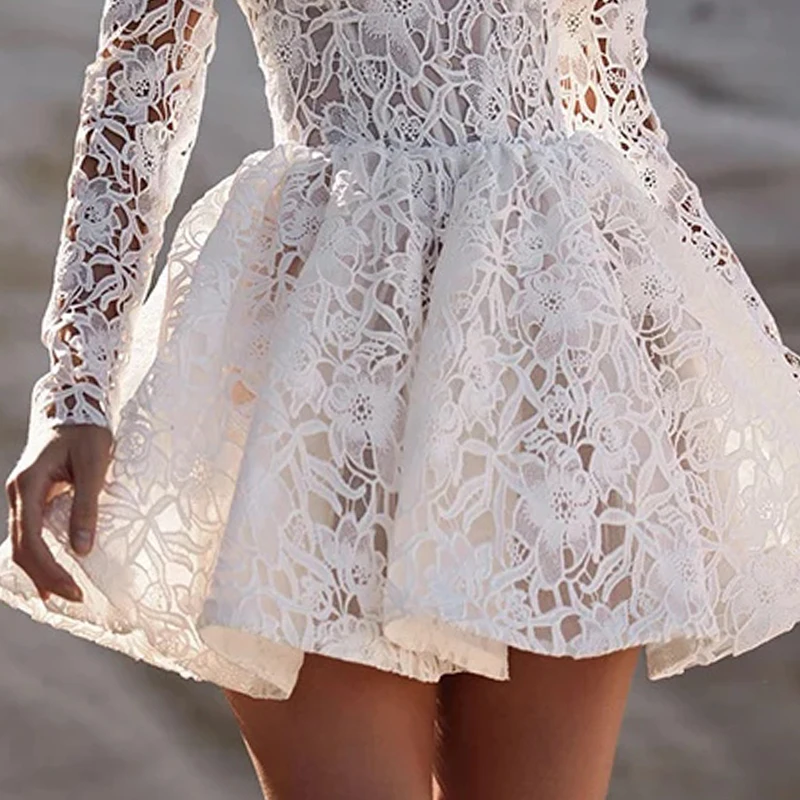 Robe de mariée blanche à épaules dénudées, en dentelle florale, ligne a, robe de bal, manches longues, Mini robe de soirée personnalisée
