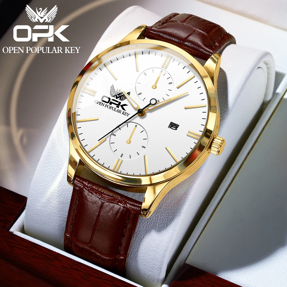 OPK Luxury Quartz Watch For Men Waterproof Calendar Luminous Leather Man Dress Wristwatch 41mm Big Dial Original Men's Watches