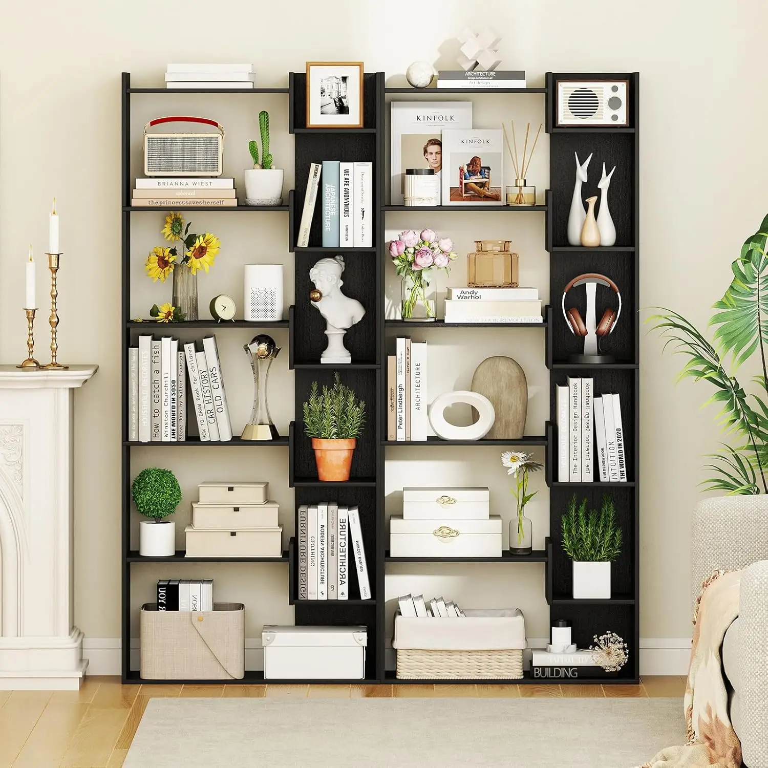 6-Tier Wooden Bookshelf Set of 2 Staggered Open Display Shelf Anti-Tipping Kit 11 Shelves Storage Rack Living Room, Customized