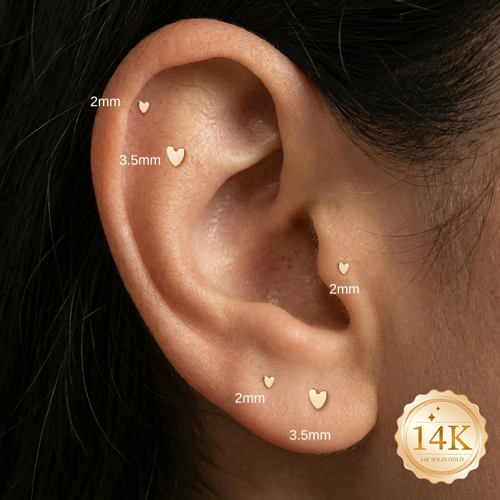

AIDE 14K Solid Gold Multi-size Mini Flat Back Piercing Earrings For Women Classic Glossy Heart Birthday Anniversary Gifts