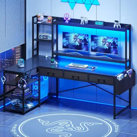 55" L Shaped Gaming Desk, Gaming Desk with Hutch & Drawers, Corner Computer Desk with Shelves and Storage, Customized