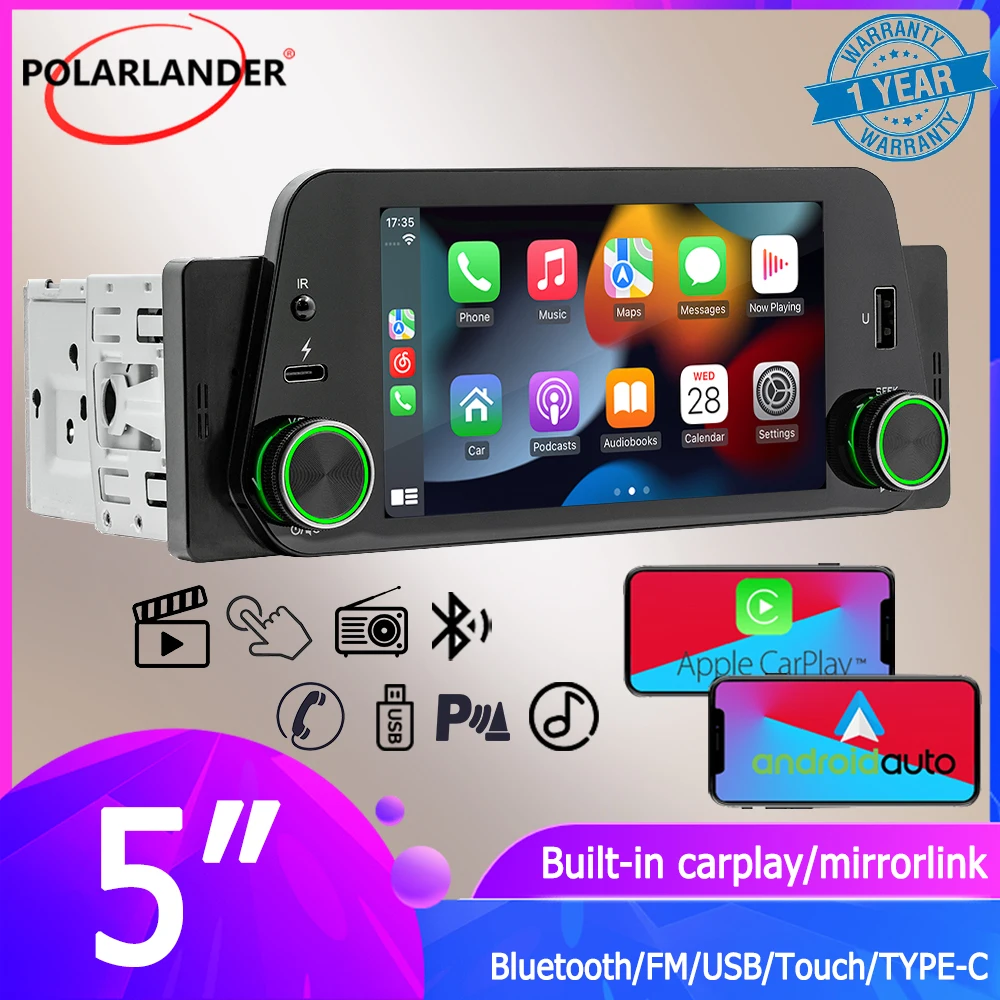 ستيريو سيارة فردي Din مقاس 5 بوصات مع Apple CarPlay/Android Auto، بلوتوث 5.1 بدون استخدام اليدين، مشغل فيديو راديو FM USB بشاشة تعمل باللمس