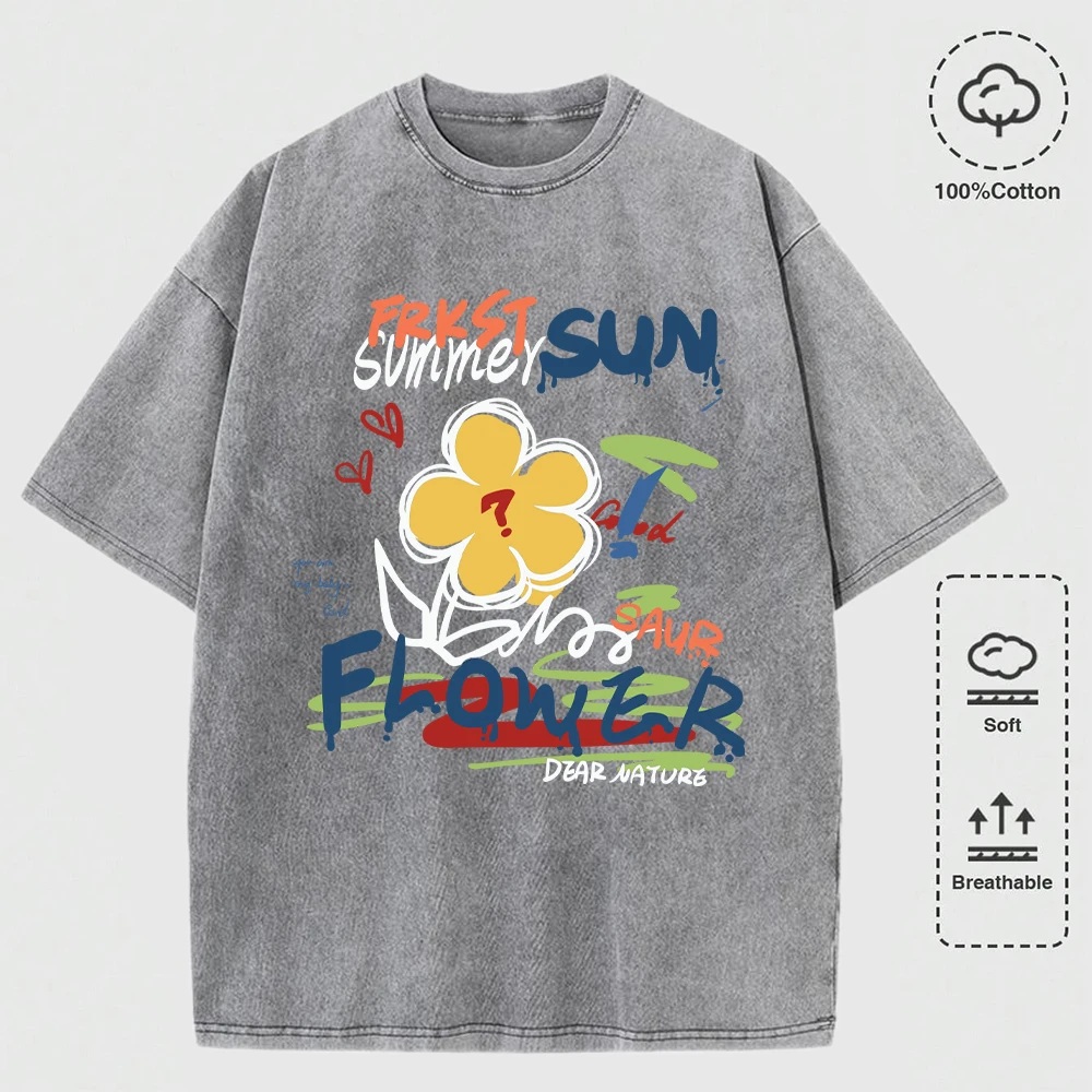 

Summer Sun Flower Graffiti Prints Men'S Washed T Shirts O-Neck Casual Short Sleeve Loose Cotton Top Hip Hop Comfortable T-Shirt