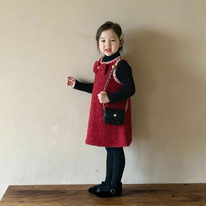 Girls Suit 2024 Winter New Childrens Clothes Girls Baby Sweater Cotton Circle Skirt Two-piece Set Casual Simple and Daily