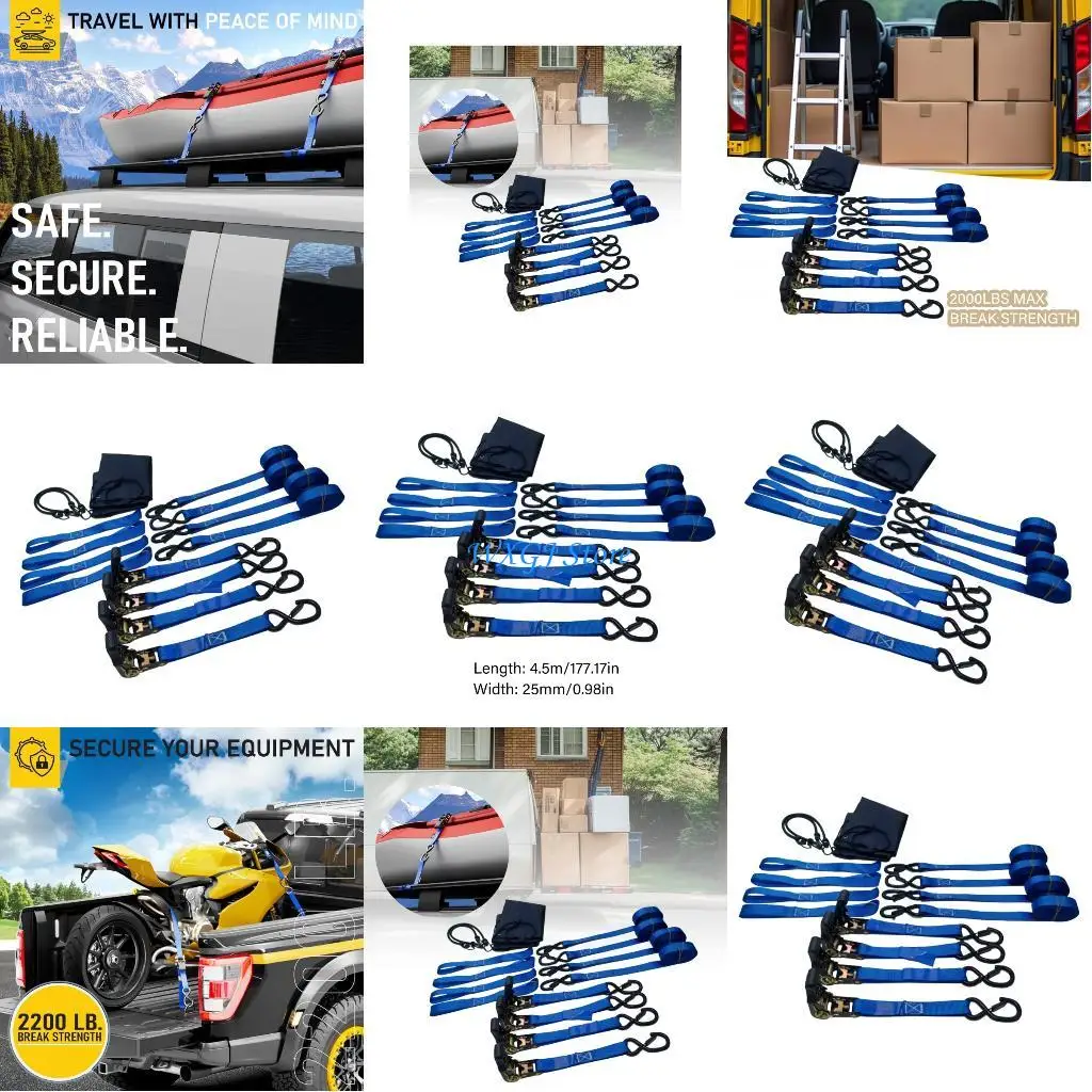 

37JE Industrial Strength Ratchet Straps With Soft Loop Connector 2200Lbs Load Compact Storage For Boats Trailers