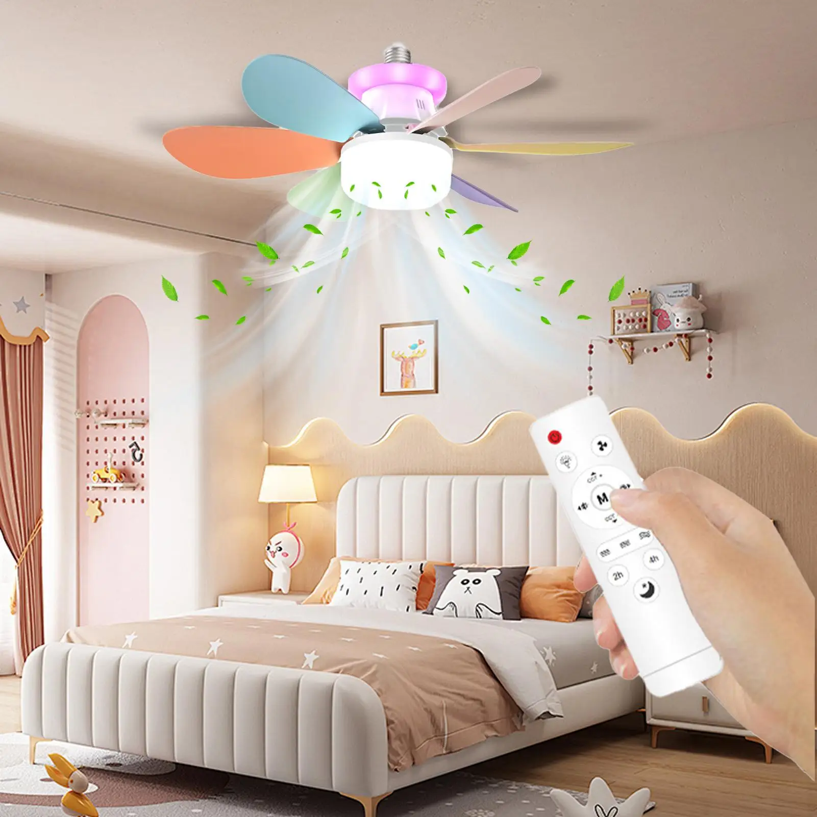 6-Blade LED Ceiling Fan Light RGB Dimmable E27 Detachable Quiet Remote Control Chandelier for Garden Bedroom Living Room
