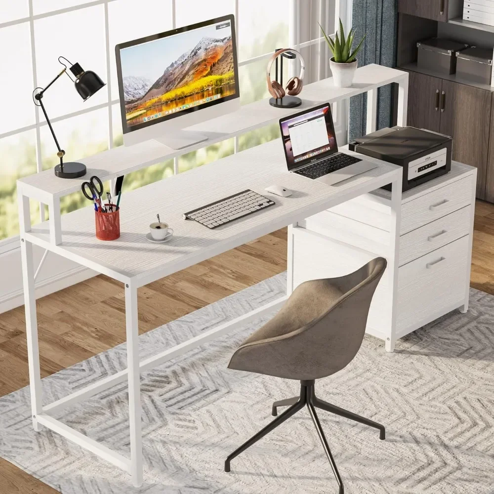 63 Inch Computer Desk with File Drawer Cabinet, Ergonomic Office Desk with Monitor Stand, Computer Table with Printer Space
