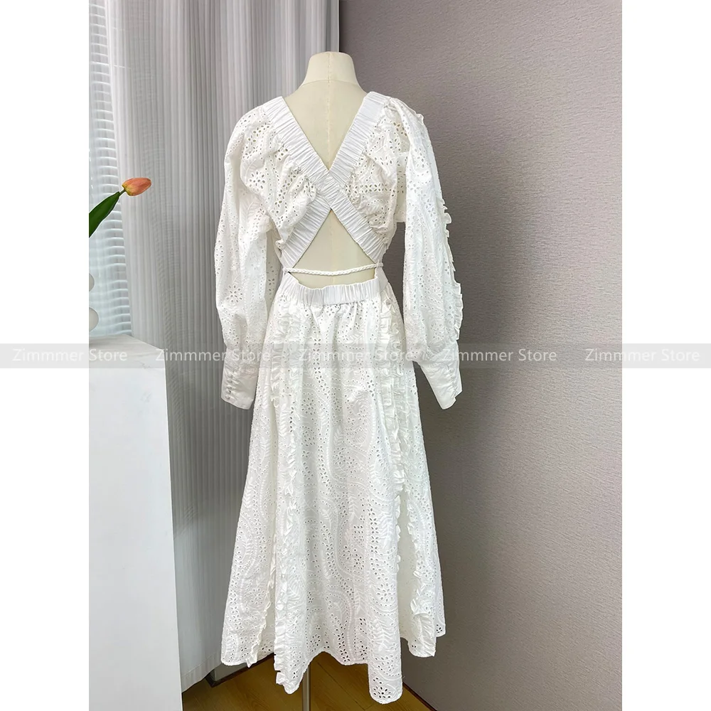 French heavy embroidery lantern sleeves V-neck waist slim temperament models butterfly back cross design dresses