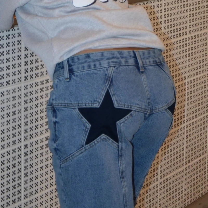 Y2K ヴィンテージデニムジーンズ レディース ローライズ バギーストレートレッグパンツ 星柄プリント カジュアル ストリートウェア ファッション