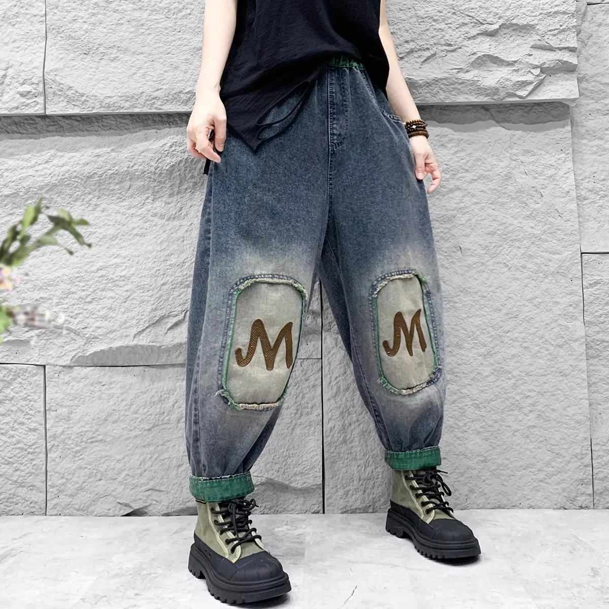 

Fall New Sle Retro Patchwork Denim Pants Women's Harlan Loose Slimming Cabbage Pants Casual Dad Long Pants Women