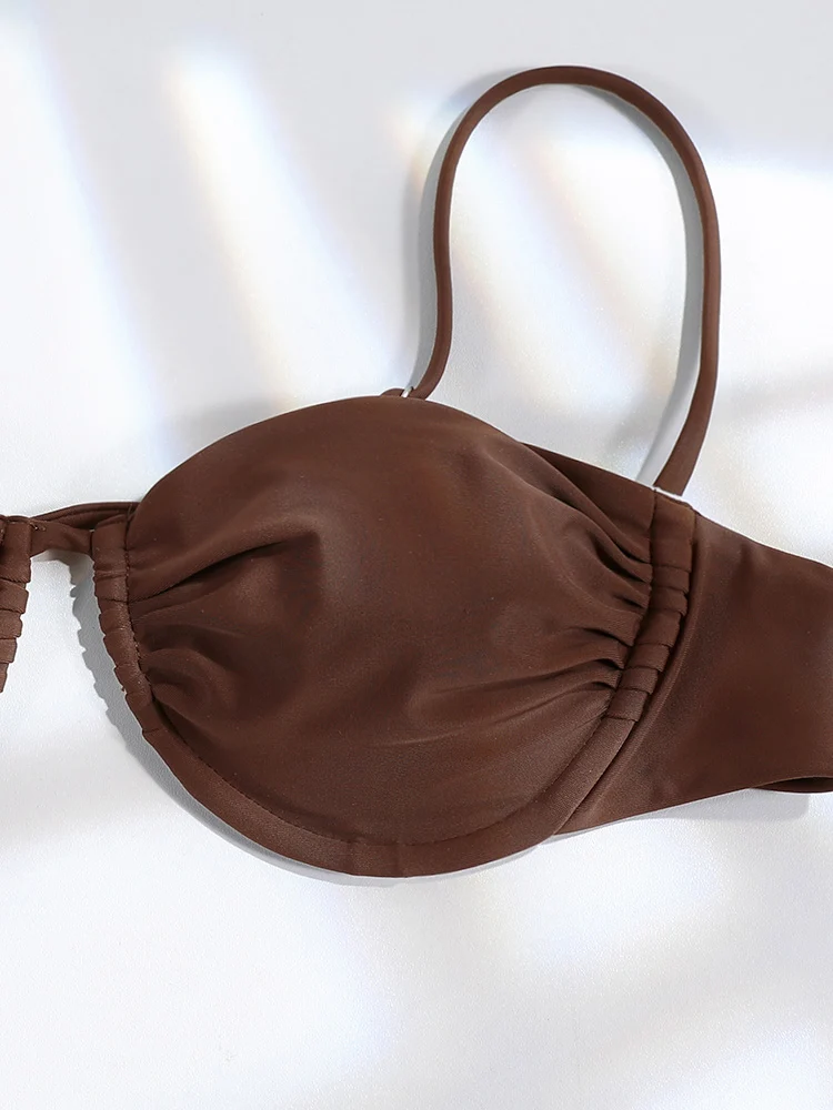 Rinabe Brown Bikini String Bikinis High Cut Swimsuit Bandeau Swimsuits Push Up Swimwear  Three-Piece Bathing Suit view 4