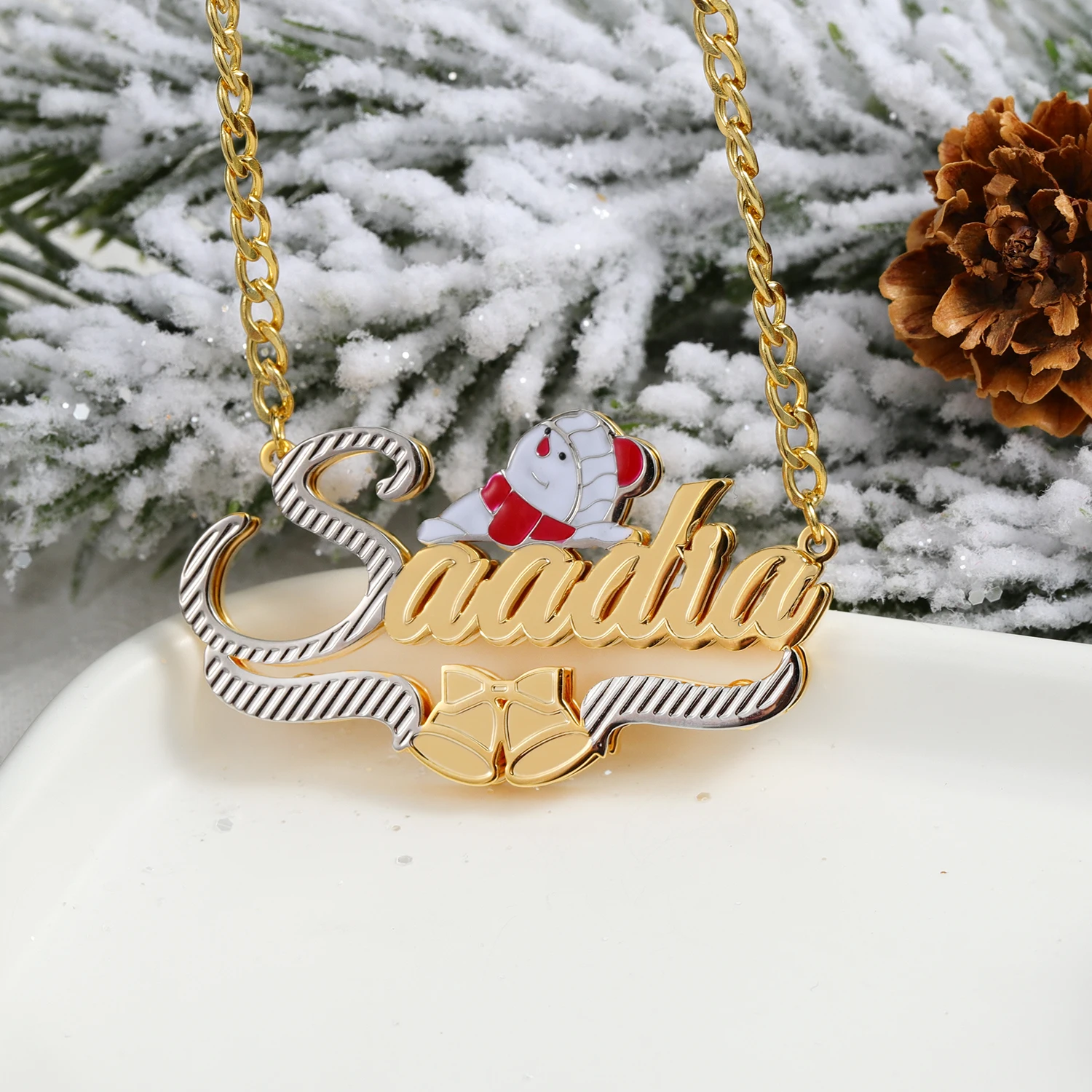 

Christmas Festive Jewelry for Women Personalized Name Necklace Christmas Snowman & Bell Design Custom Two-Tone Double-Layer Pla