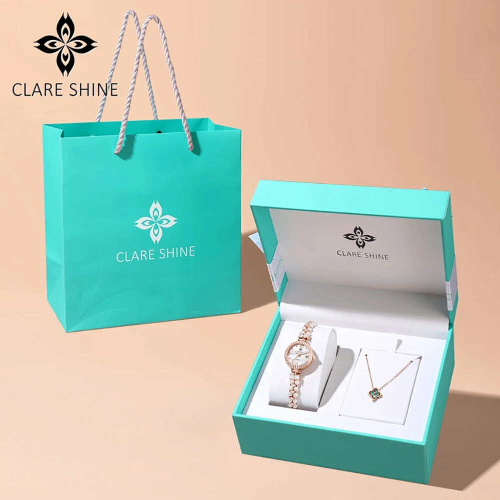 

Новые кварцевые часы CLARE SHINE для женщин с ожерельем, элитный подарочный набор, роскошные оригинальные женские наручные часы с бриллиантами 7703
