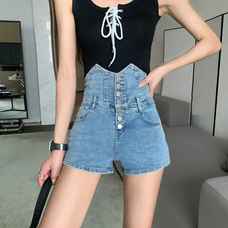 

High Waist Denim Shorts for Women, Single-breasted, All-match Cycling Gel Set, Black Short, Gym Booty Cargo Sports, Summer, 2023