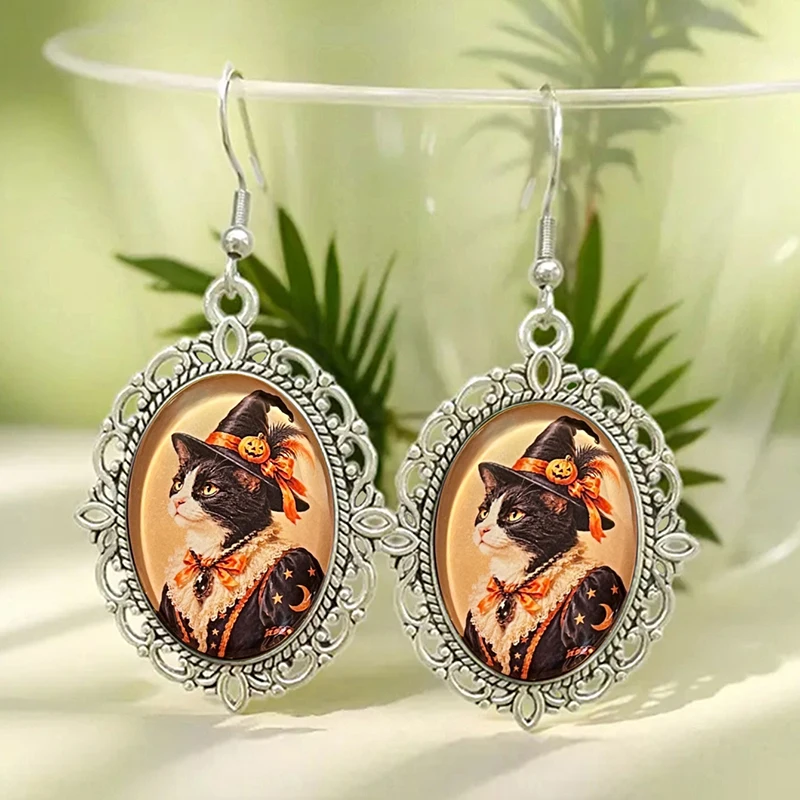 Vintage Oil Painting Halloween Witch Frog Cat Squirrel Oval Drop Earrings Gothic Seasonal Animal Party Jewelry