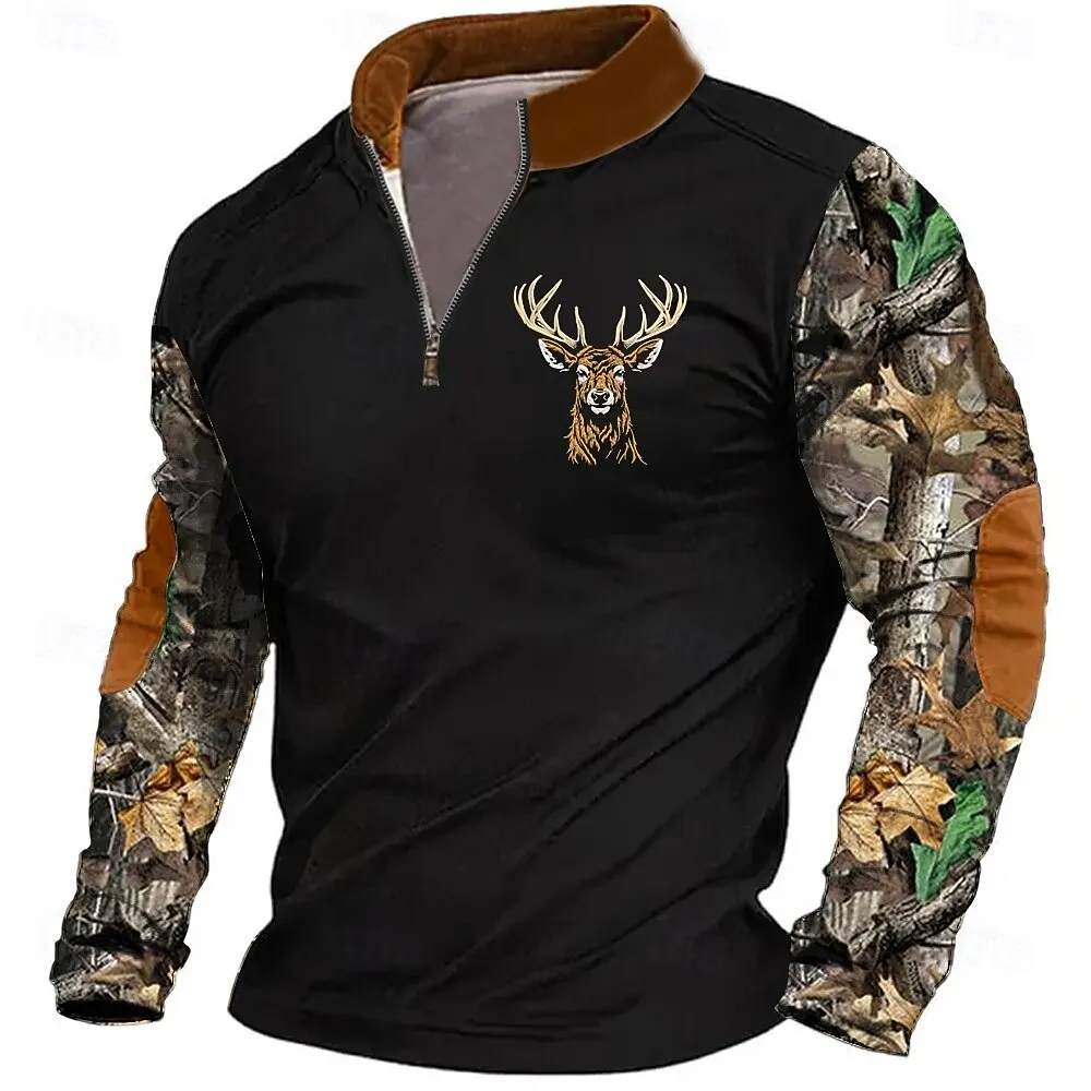 3D Printed Animal Pattern Zipper Sweatshirt For Men Vintage Elk Wolf Pattern Long Sleeve Pullover Autumn Casual Comfortable Tops