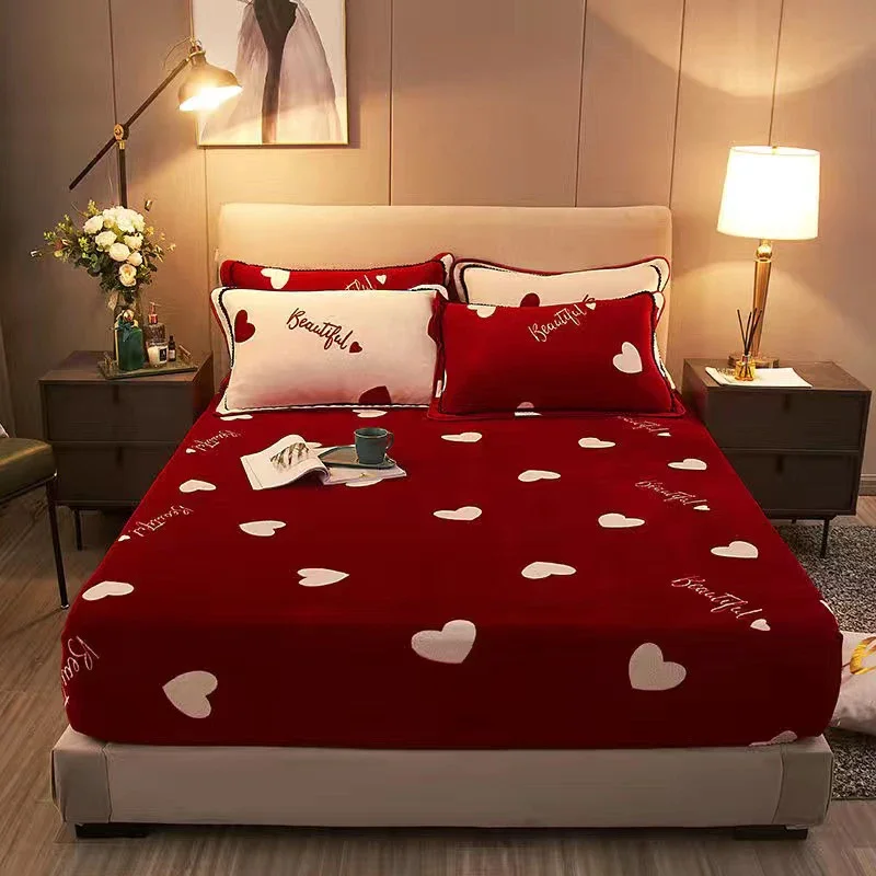 1pcs 150x200cm (59x79inch) Single Fitted Sheet Winter Velvet Red Print Bedsheet (5-25cm Height Matress Use ,without Pillowcase)