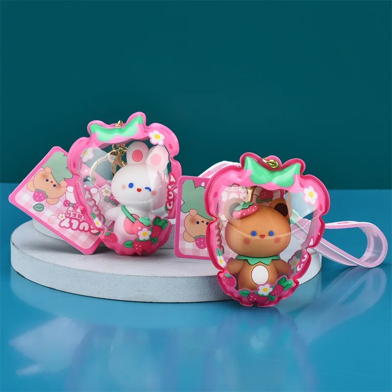 Cartoon Little White Rabbit Walking Baby Bag Keychain Cute Strawberry Shape Inflatable Bag Bear Doll Keyring Ornaments Girl Gift