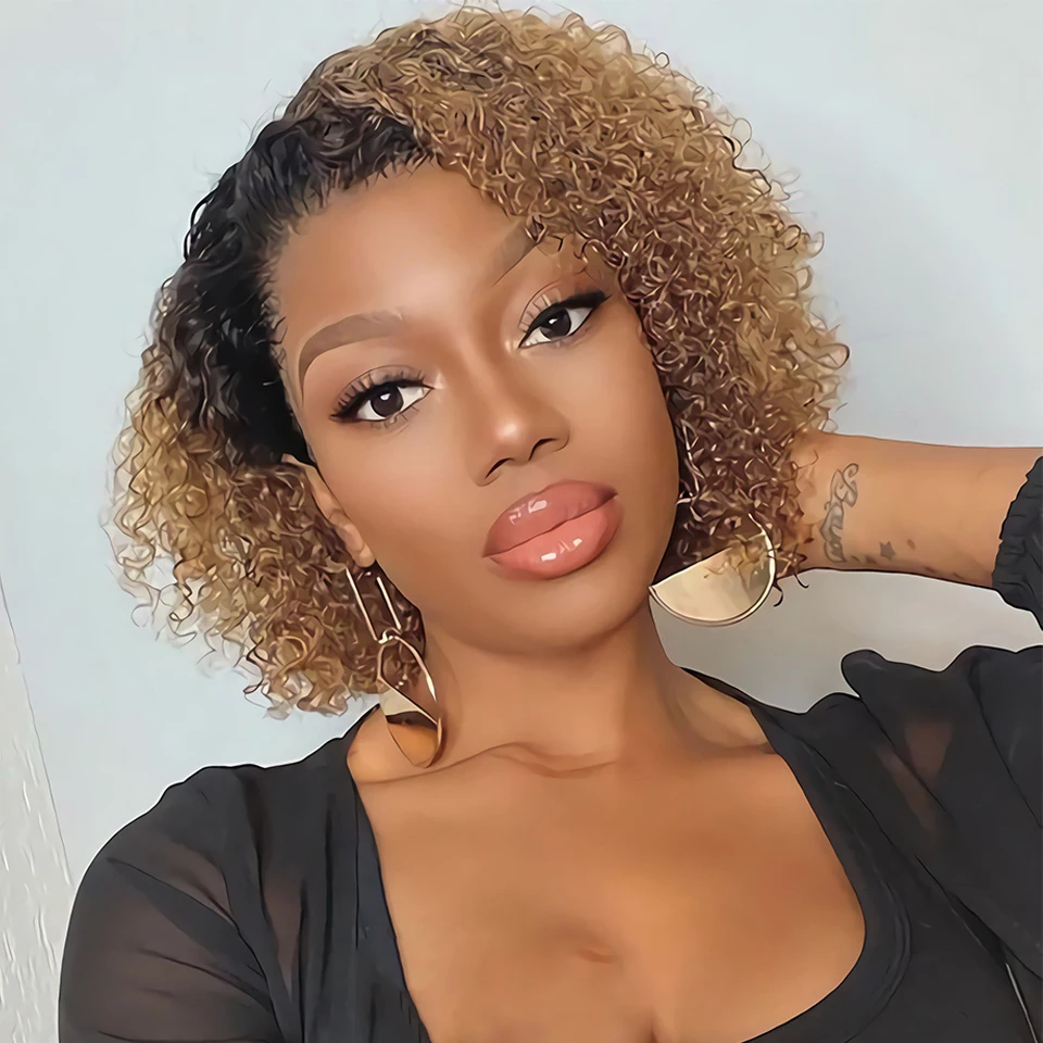 

Lekker Ombre Gold Blonde Short Afro Kinky Curly Bob 13x1 Part Lace Front 100% Human Hair Wigs For Women Brazilian Remy Hair Wigs