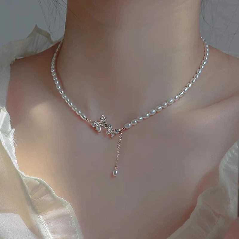 

Natural freshwater pearl necklace, female butterfly pendant, light luxury, niche, high-end, retro choker necklace, collarbone ch