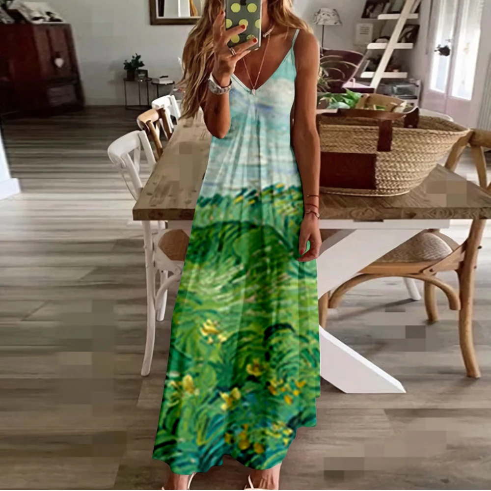 Spring Summer Women V-Neck Painting Printed Sexy Beach Long Maxi Dress Split Sleeveless Clothing Holiday Vestido