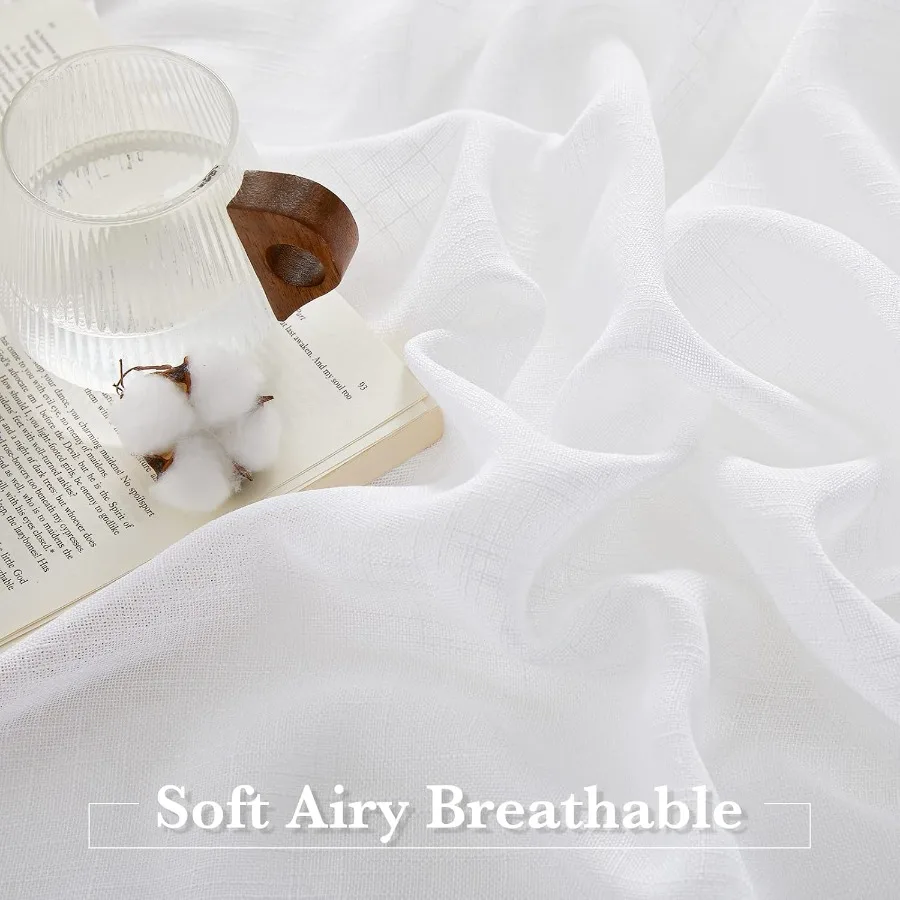 ستائر بيضاء شفافة ذات نسيج كتان لنوافذ غرفة النوم: ألواح تصفية خفيفة شبه شفافة مع جيب قضيب وعلامة تبويب خلفية #3