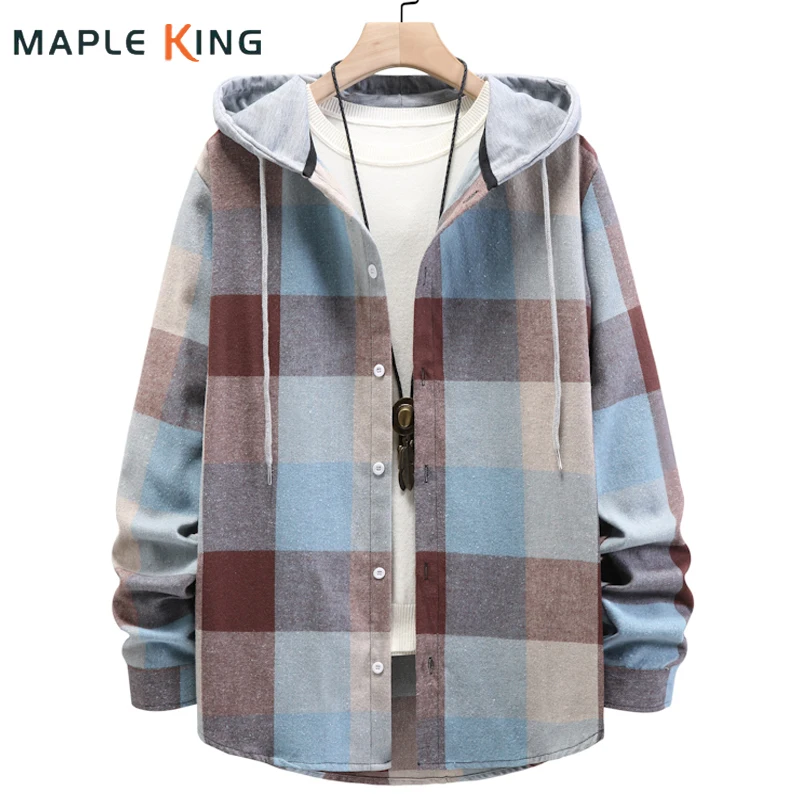 Hip Hop Hooded Shirts Men Loose Streetwear 2022 Vintage Plaid Printed Long Sleeve Checkered Shirt for Mens Hipster Blouse Tops