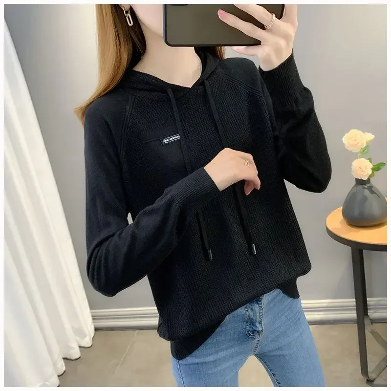 Women Korean Appliques Casual Streetwear Hooded Knitted Sweaters Female Trendy Solid Long Sleeve Loose Pullover Tops Y2K Jumpers