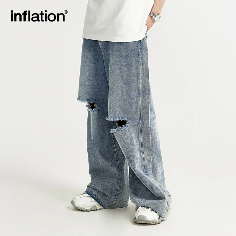 INFLATION Ripped Distressed Washed Wide-Leg Jeans 2024 Trendy Blue Side Breasted Hip Hop Denim Trousers