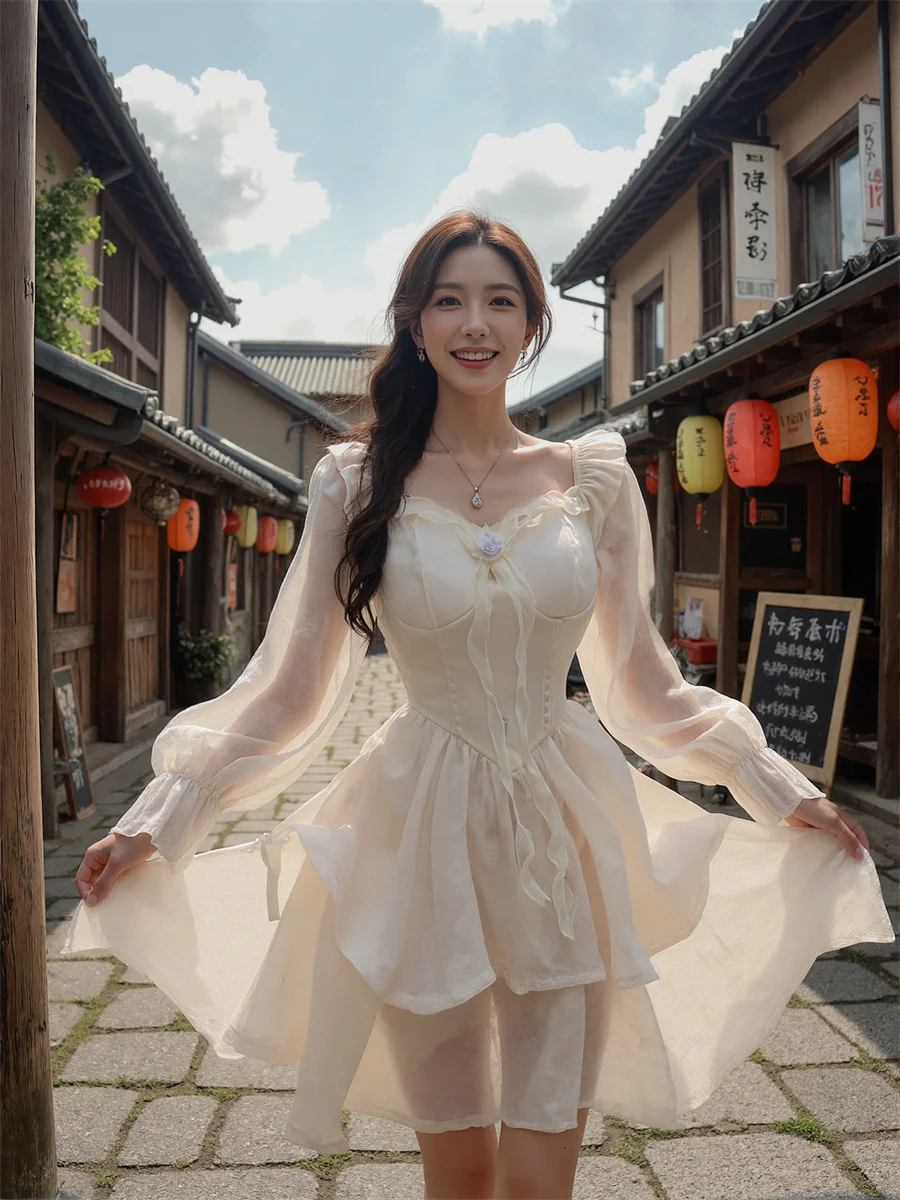 女性用ホワイトドレス ドレープフリル 秋 セクシー エンパイアウエスト ノースリーブ プリーツ フレア サテン コットン クラブウェア 裏地付き