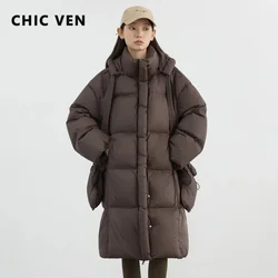 CHIC VEN Fashion Women Down Coat Solid Loose Casual Hooded Down Jacket Female 90 White Duck Down Coats Thick Autumn Winter 2024