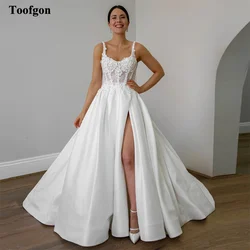 Toofgon A Line Satin Lace Wedding Dresses Appliques Beaded Sequines Split Bridal Dress Women Formal Special Party Bridal Gowns