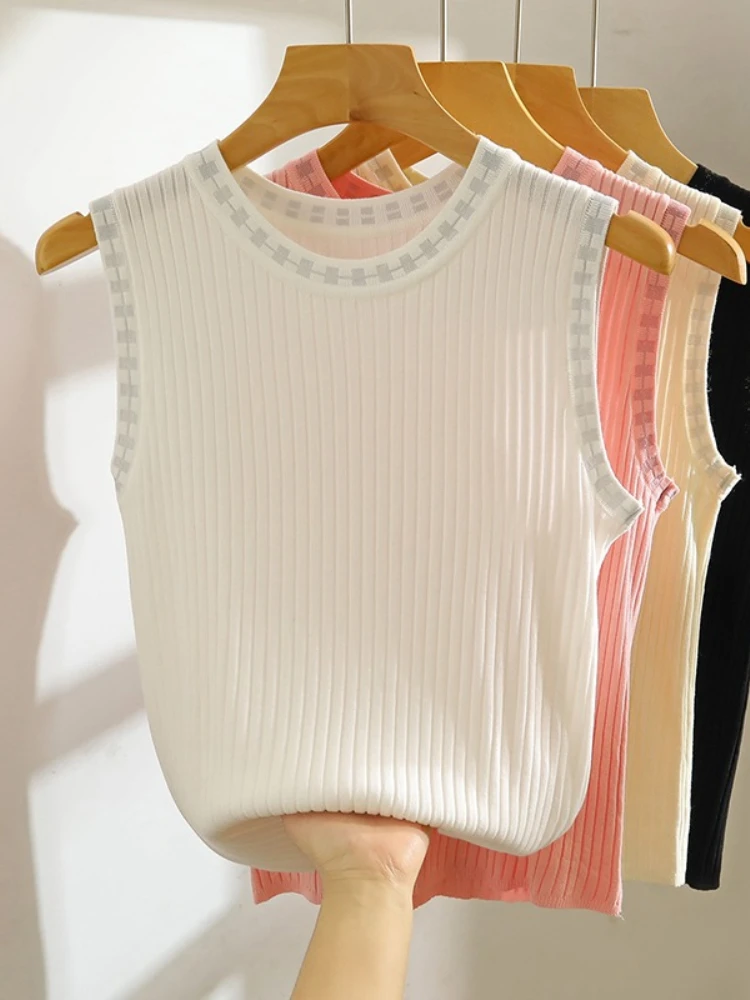 AOSSVIAO Summer Trendy Knit Vest O-Neck Sleeveless Women Tank Top Cool Silk Layering Camis Solid Color Casual Versatile Vest