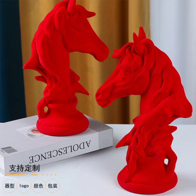 Nordic Ceramic Flocked Horse Head Sculpture Ornament Living Room Wine Cabinet Office Desktop Animal Statue Handicraft Decoration