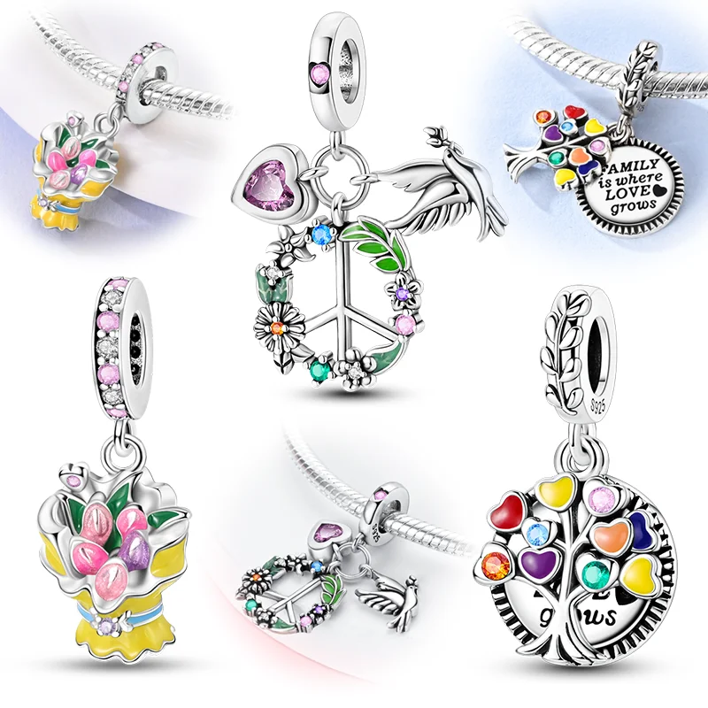 

925 Sterling Silver Colorful Charms Bead Family Tree of Life Flower Pendants Fit Original Bracelet Women Lover DIY Jewelry Gifts