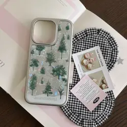 Laser Shell Print Forest Cover For Iphone 15Pro 14ProMax 16Pro 15 16 13 14 Pro Max Green Hairball Pendant Plating Phone Case