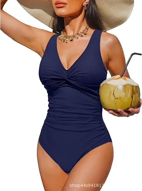 Solid Color Triangle Bikini V Neck Twist Front Ruched Waist High Cut Halter Neck Striped Pattern Swimwear