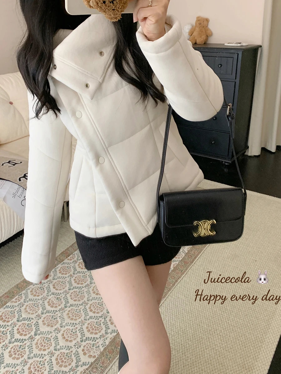 

Thiened Double Layer Self Heating Woolen Coat Windproof High Collar Juicecola Cotton Jaet for Winter Commute Simple Sle