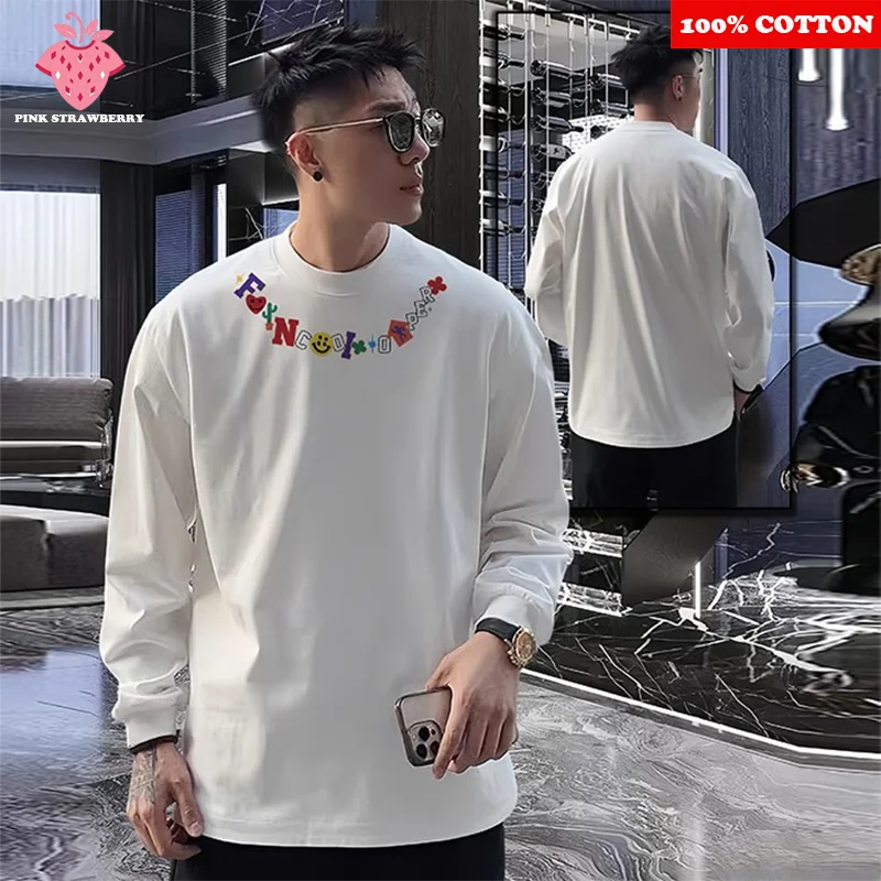 

American Cute Graffiti T-shirt Men Autumn 2025 New 100% Cotton Round neck White Long sleeves Sports shirt Y2k Top mens clothing