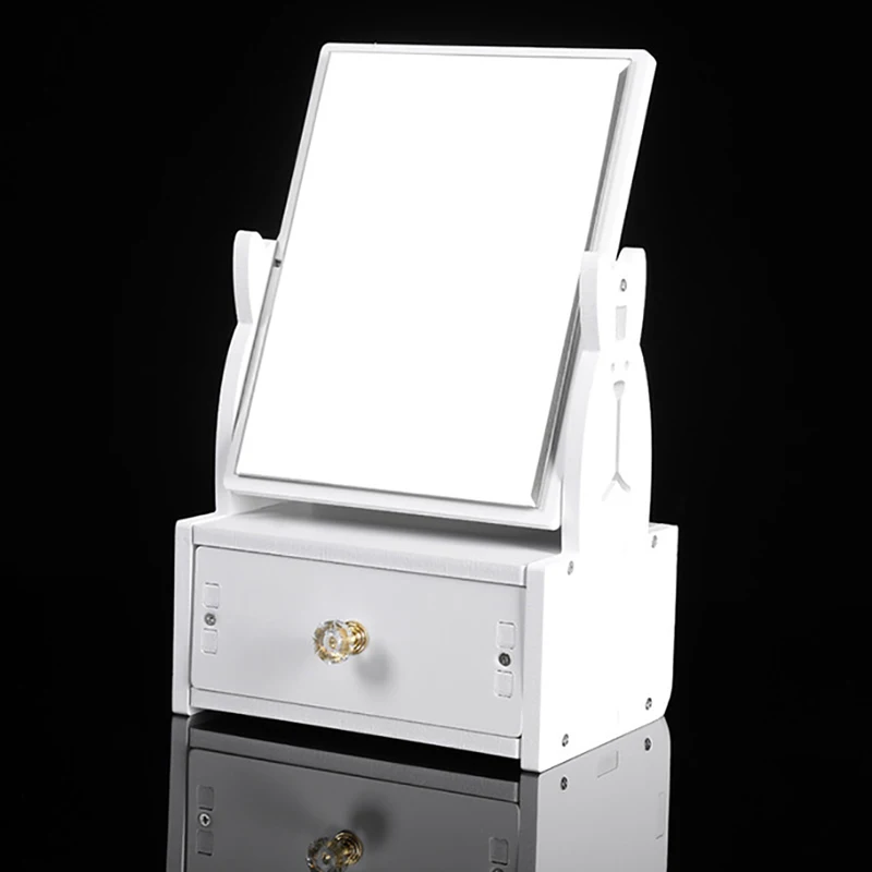 Espelho giratório da composição do coelho com gaveta, Desktop Cosmetic Storage Box, cremalheira multifuncional, único espelho lateral, organizador bonito
