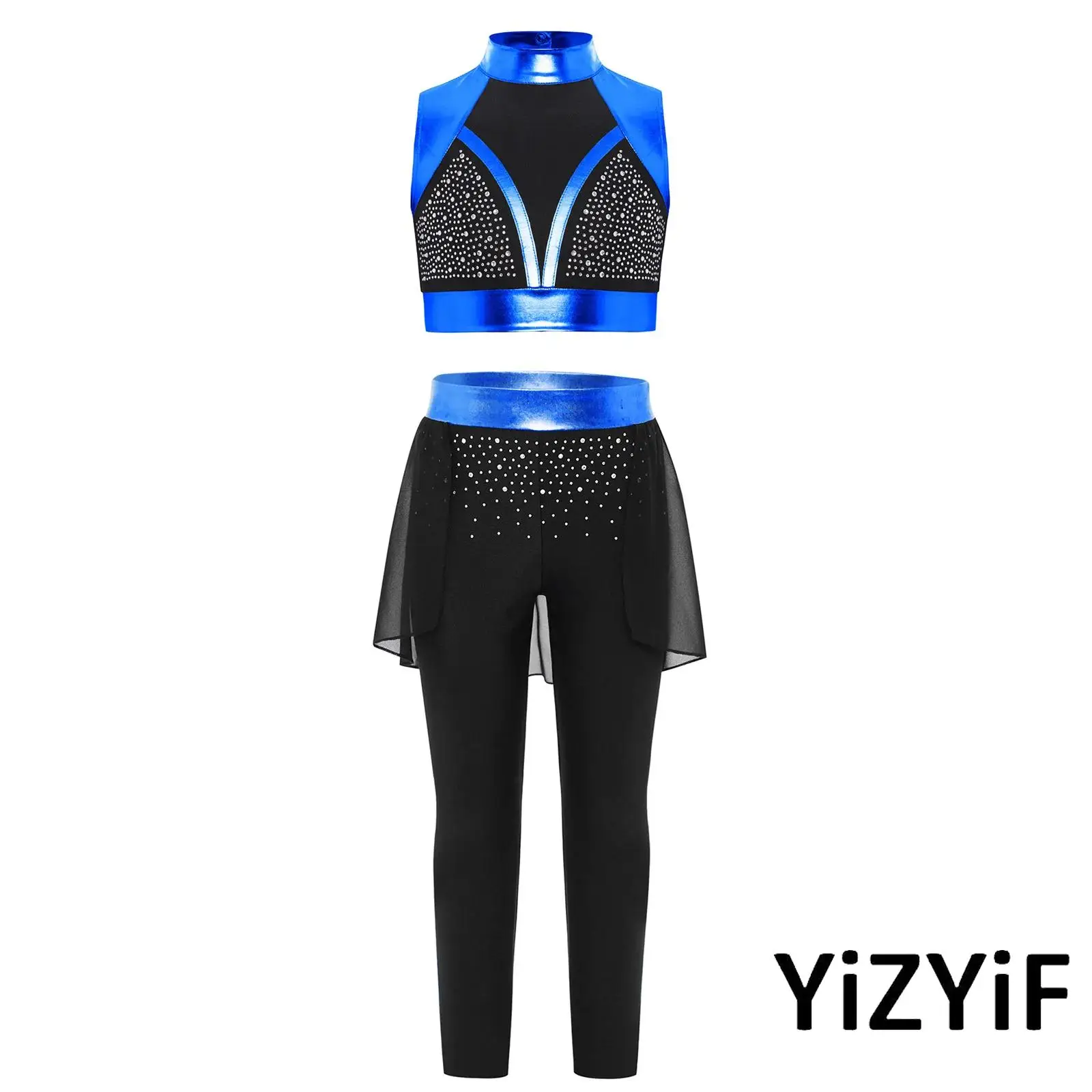 

Elegant 2 Piece Gymnastics Outfit for Kids Girls Mock Neck Top with Cutout Back And Matching Bottoms for Recitals Ballroom Show