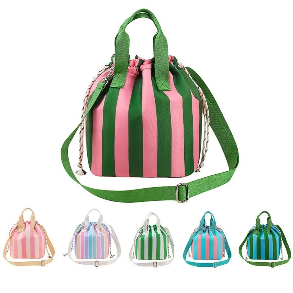Color Block Drawstring Lunch Box Bag Drawstring Striped Insulated Lunch Bag Aluminum Foil Liner Waterproof Lunch Pack